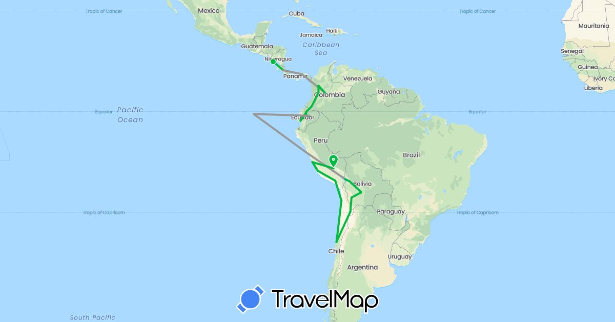 TravelMap itinerary: driving, bus, plane in Bolivia, Chile, Colombia, Costa Rica, Ecuador, Nicaragua, Panama, Peru (North America, South America)